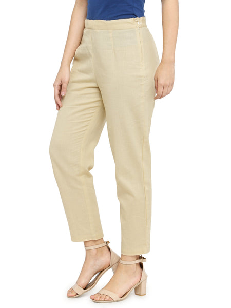 Indibelle Cotton Solid Cream Trousers