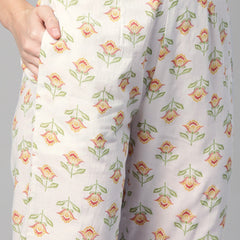 Indibelle Cotton Floral print Straight Kurta With Trousers (Off White)