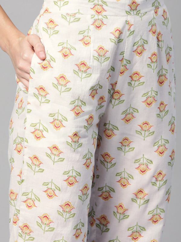 Indibelle Cotton Floral print Straight Kurta Pant With Dupatta (Off White)
