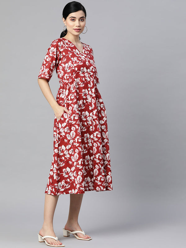 Indibelle Cotton Maroon Floral Print A-Line Dress