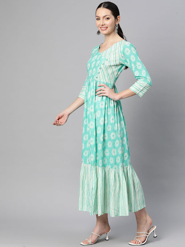 Indibelle Rayon Teal Floral Print Flared Dress