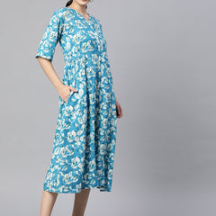 Indibelle Cotton Floral Print Button A-Line Dress (Sky Blue)