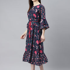 Indibelle Cotton Navy Blue Floral Print A-Line Dress