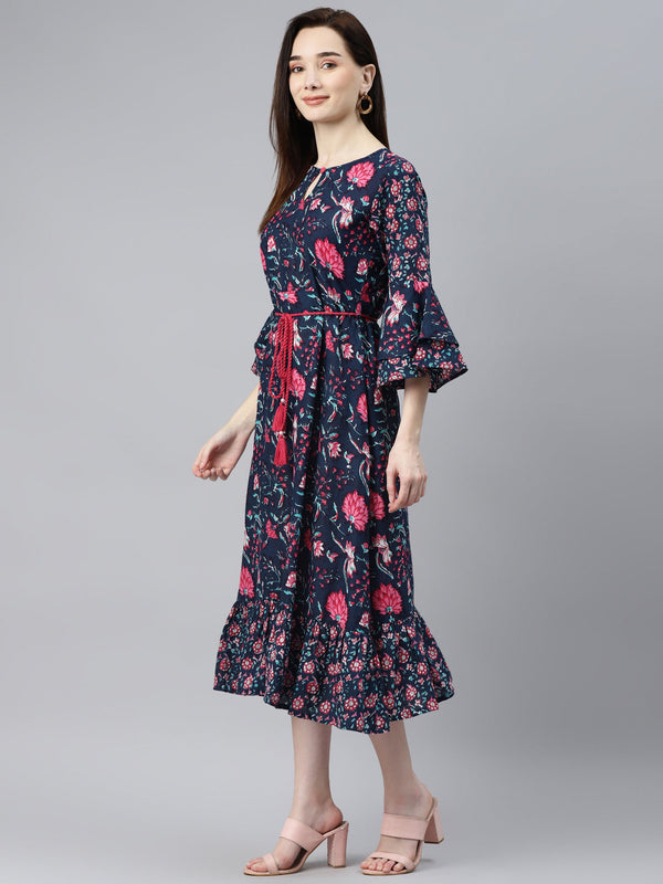 Indibelle Cotton Navy Blue Floral Print A-Line Dress