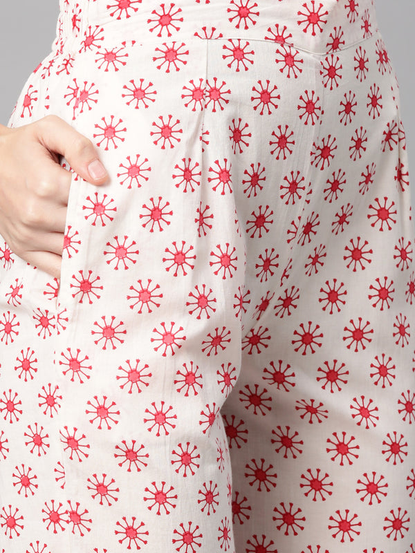 Indibelle Cotton Floral print A-Line Kurta Pant With Dupatta (Peach)