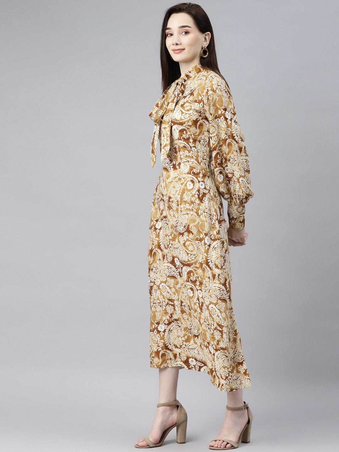 Indibelle Rayon Mustard Gold Paisley Print A-Line Dress