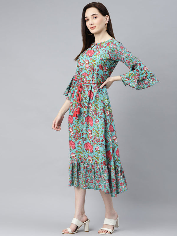Indibelle Cotton Turquoise Blue Floral Print A-Line Dress