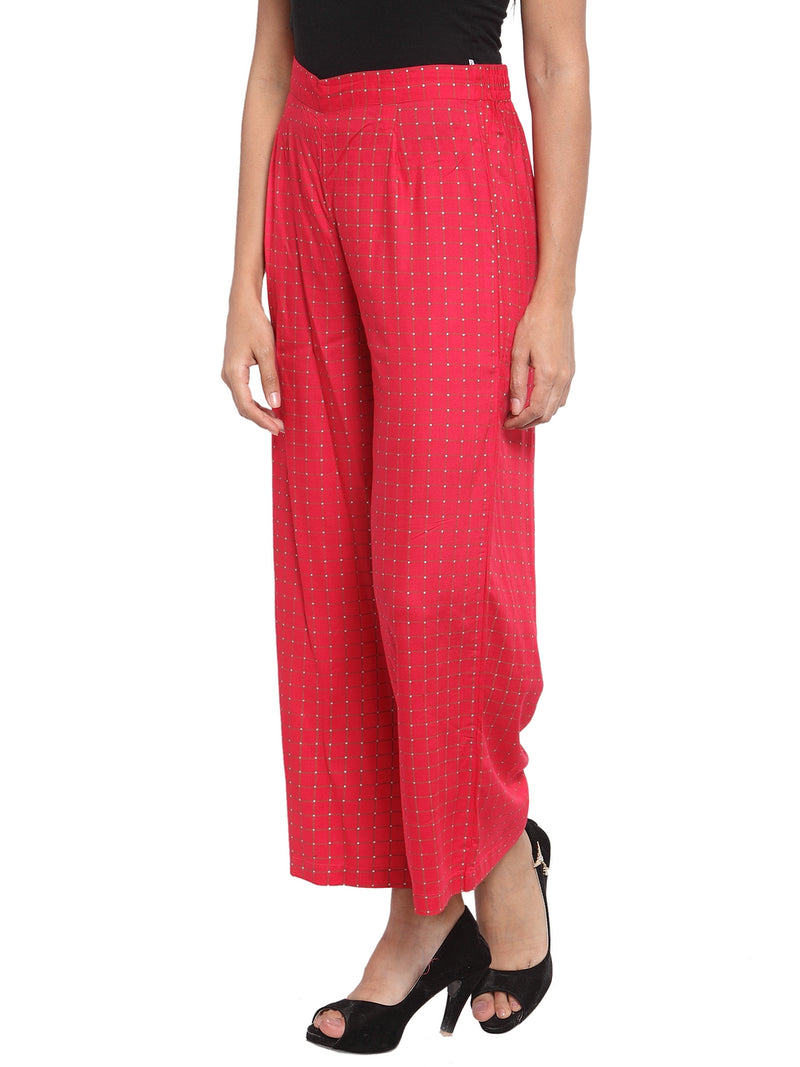 Indibelle Rayon Checked Print Plazzo Pants (Red)