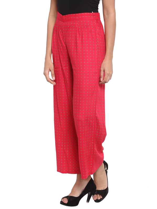 Indibelle Rayon Checked Print Plazzo Pants (Red)