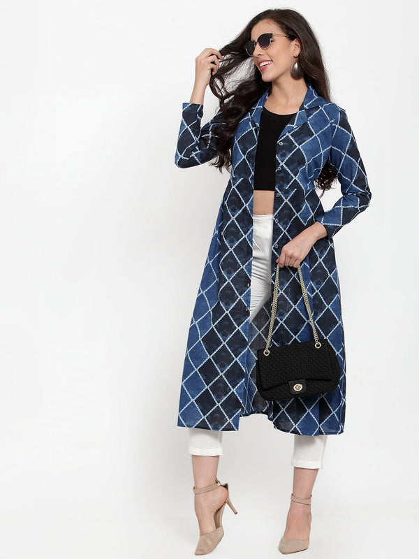 Indibelle Cotton Blue Geomatric Print A-Line ShrugCape