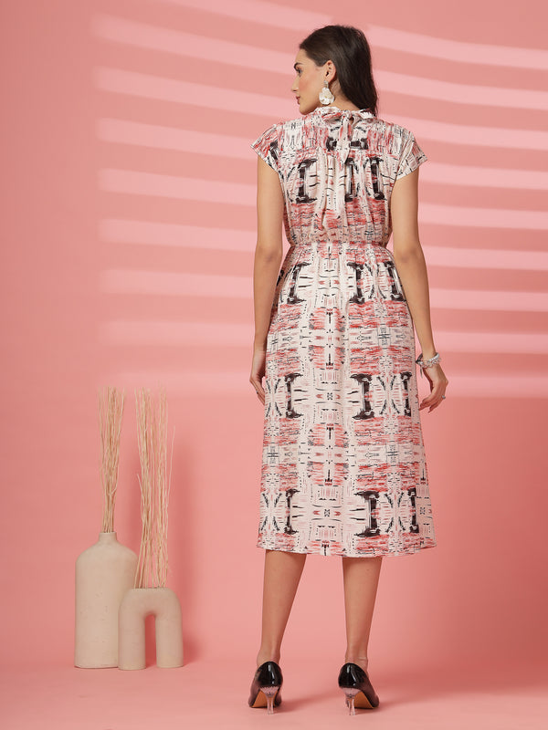 Indibelle Abstarct Mix Print Rayon Flared Dress (Rust)