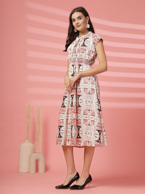 Indibelle Abstarct Mix Print Rayon Flared Dress (Rust)
