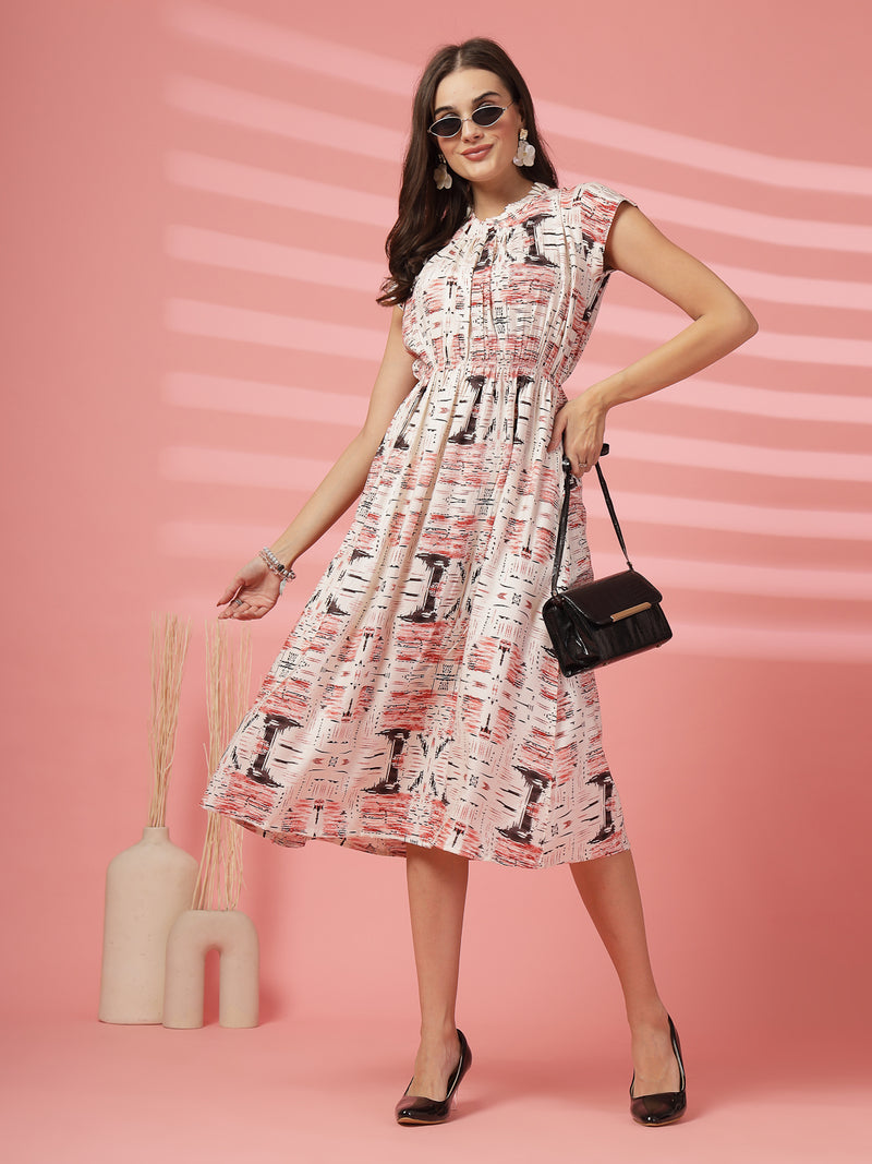 Indibelle Abstarct Mix Print Rayon Flared Dress (Rust)