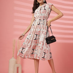 Indibelle Abstarct Mix Print Rayon Flared Dress (Rust)