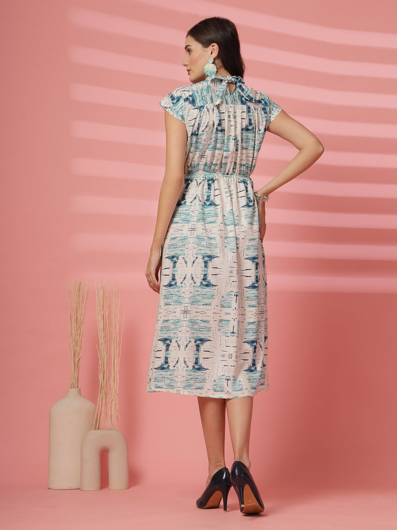 Indibelle Abstarct Mix Print Rayon Flared Dress (Teal)