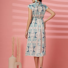 Indibelle Abstarct Mix Print Rayon Flared Dress (Teal)