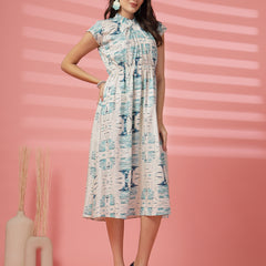Indibelle Abstarct Mix Print Rayon Flared Dress (Teal)