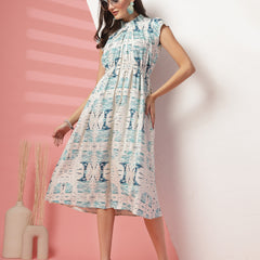 Indibelle Abstarct Mix Print Rayon Flared Dress (Teal)