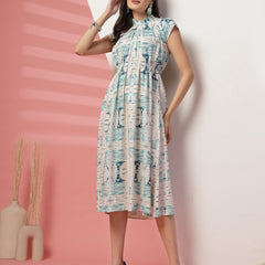 Indibelle Abstarct Mix Print Rayon Flared Dress (Teal)
