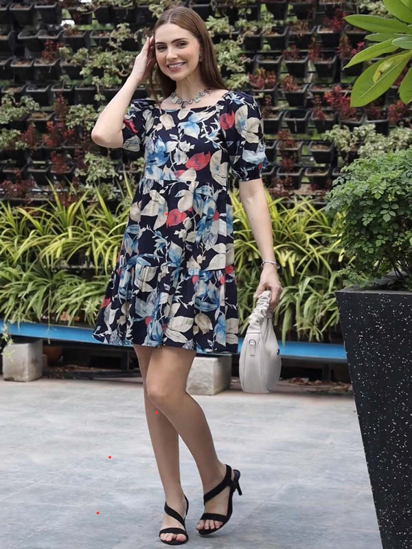Indibelle Cotton Floral Print Mini Dress (Blue)