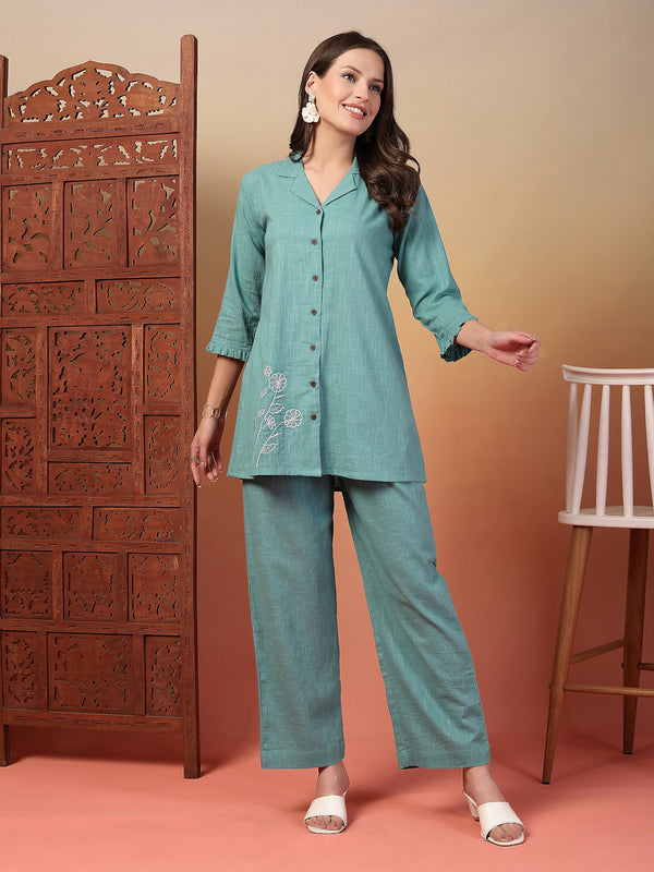 Indibelle Cotton Slub Solid Embrodiary Co-ord Set