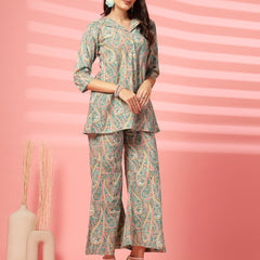 Indibelle Cotton Paisley Print Co-ord Set (Sea Green)