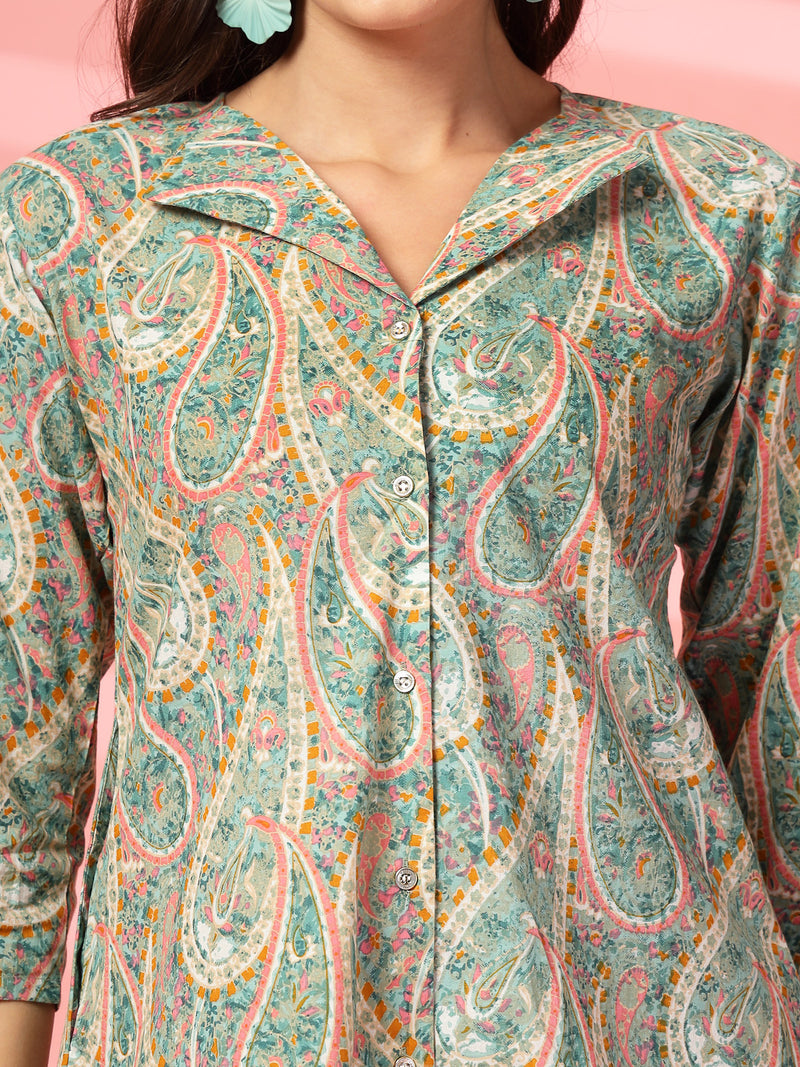 Indibelle Cotton Paisley Print Co-ord Set (Sea Green)