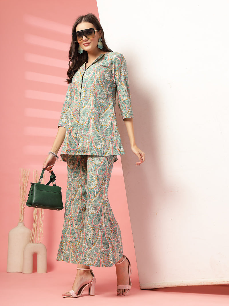 Indibelle Cotton Paisley Print Co-ord Set (Sea Green)