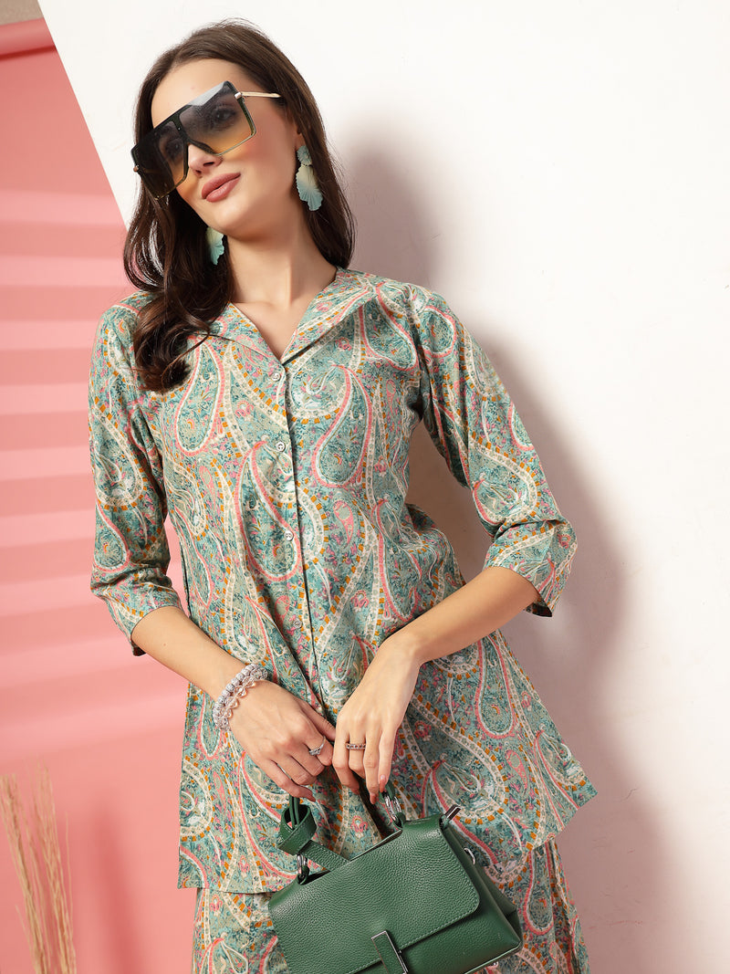 Indibelle Cotton Paisley Print Co-ord Set (Sea Green)