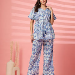 Indibelle Cotton TieUp Abstract Print Co-ord Set (Blue)