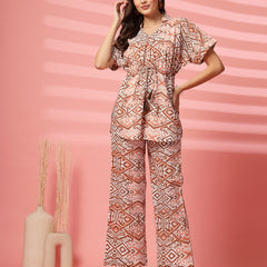 Indibelle Cotton TieUp Abstract Print Co-ord Set (Brown)