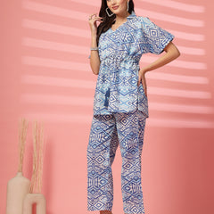 Indibelle Cotton TieUp Abstract Print Co-ord Set (Blue)