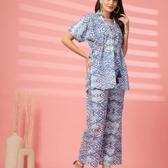 Indibelle Cotton TieUp Abstract Print Co-ord Set (Blue)