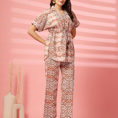 Indibelle Cotton TieUp Abstract Print Co-ord Set (Brown)