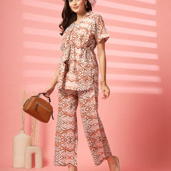 Indibelle Cotton TieUp Abstract Print Co-ord Set (Brown)