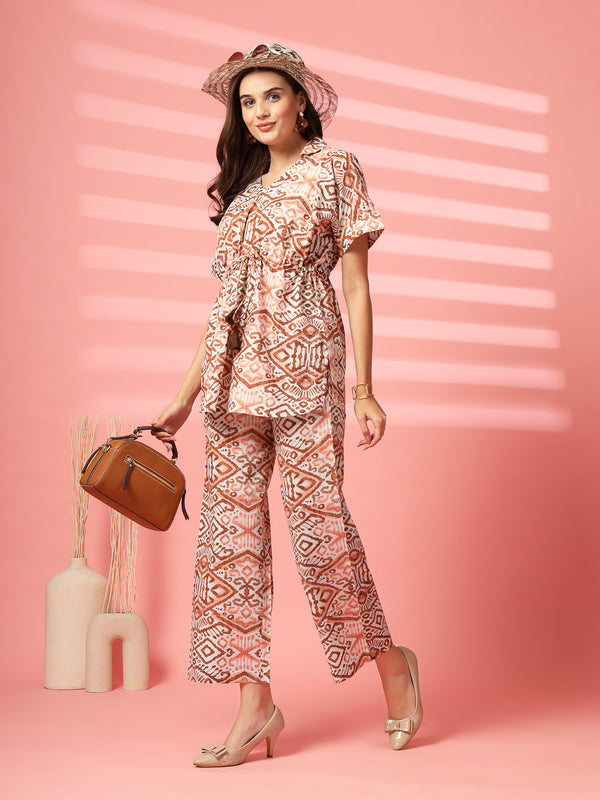 Indibelle Cotton TieUp Abstract Print Co-ord Set (Brown)