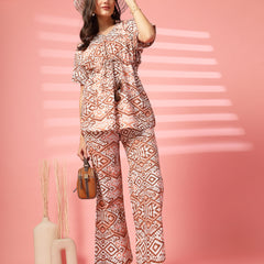 Indibelle Cotton TieUp Abstract Print Co-ord Set (Brown)