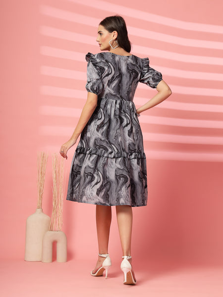 Indibelle Cotton Marble Print Dress (Black)