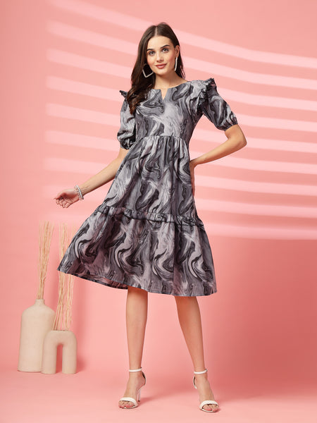 Indibelle Cotton Marble Print Dress (Black)