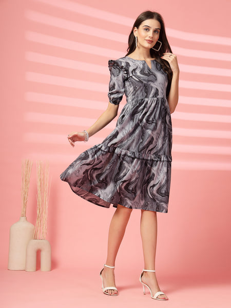 Indibelle Cotton Marble Print Dress (Black)