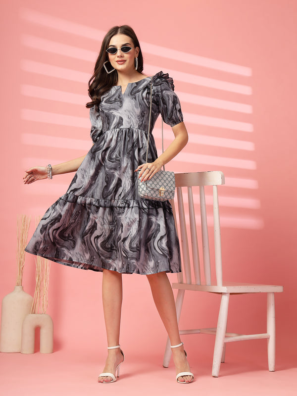 Indibelle Cotton Marble Print Dress (Black)