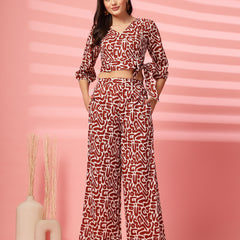 Indibelle Cotton Short Crop Abstract Print Co-ord Set (Brown)