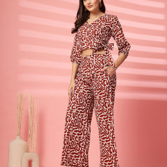 Indibelle Cotton Short Crop Abstract Print Co-ord Set (Brown)