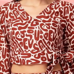 Indibelle Cotton Short Crop Abstract Print Co-ord Set (Brown)