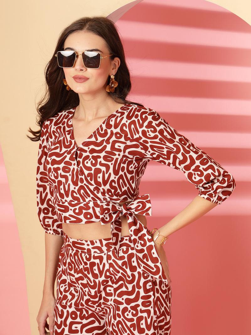 Indibelle Cotton Short Crop Abstract Print Co-ord Set (Brown)