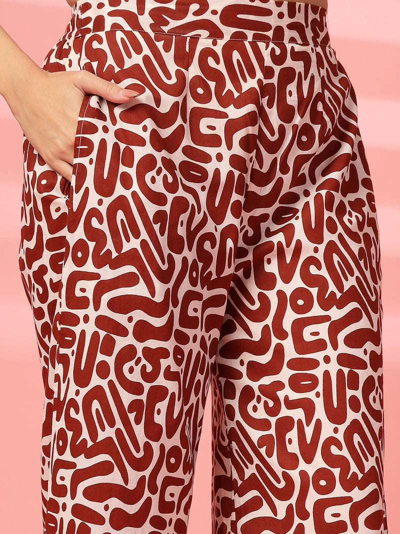 Indibelle Cotton Short Crop Abstract Print Co-ord Set (Brown)