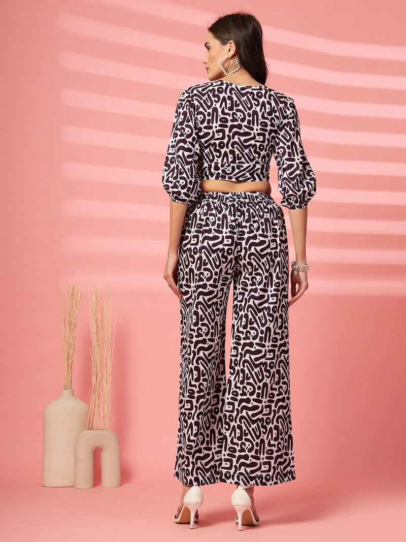 Indibelle Cotton Short Crop Abstract Print Co-ord Set (Purple)