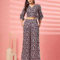 Indibelle Cotton Short Crop Abstract Print Co-ord Set (Purple)