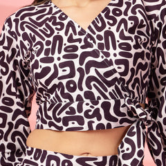 Indibelle Cotton Short Crop Abstract Print Co-ord Set (Purple)