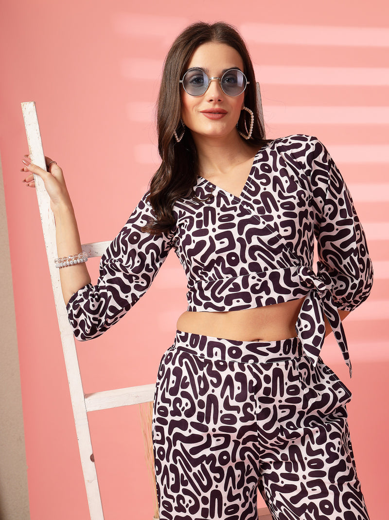 Indibelle Cotton Short Crop Abstract Print Co-ord Set (Purple)